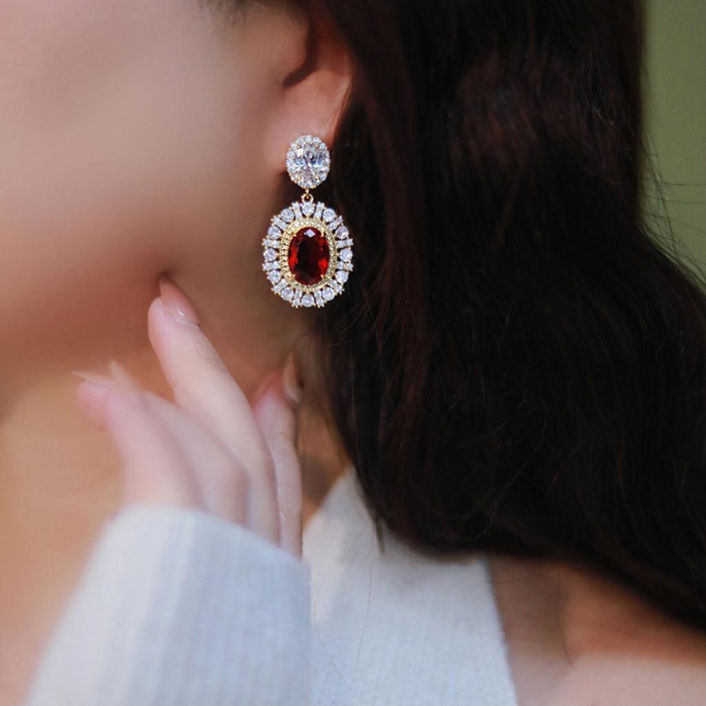 Vintage French Royal Oval Red Cubic Zirconia Double Layer Halo Dangle Drop Earrings Luxury Wedding Women Ear Jewelry
