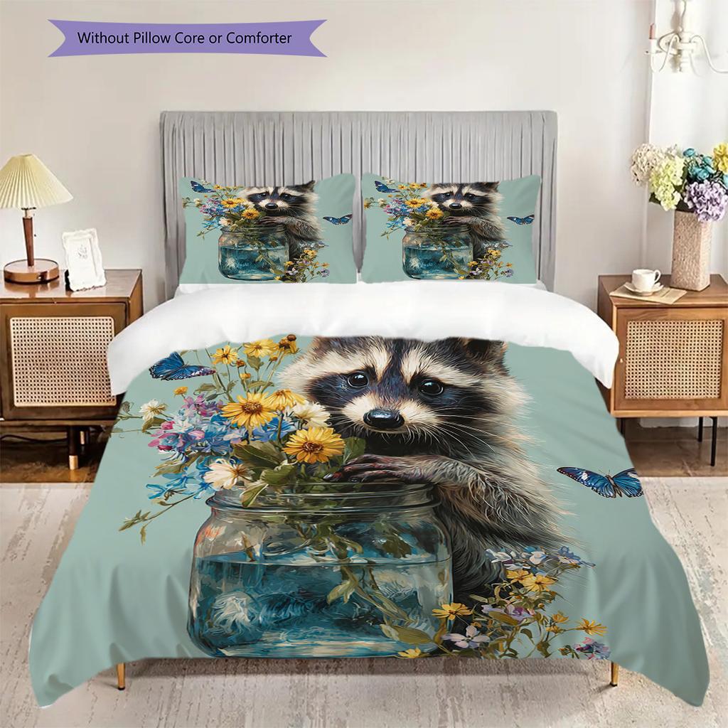 Raccoon Pattern Bedding Quilt Set Quilt Cover Pillowcase Home Decoration Birthday Gift (1 * duvet cover + 2 * pillowcase, without core)