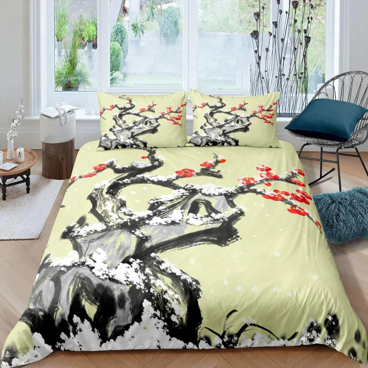 

Comforter Plum Blossom Red Flower Floral Comforter For Girls Teens Microfiber Butterfly Branches Printed Bedding Set Comforter (quilt)-EU Single(135*200cm)3pcs