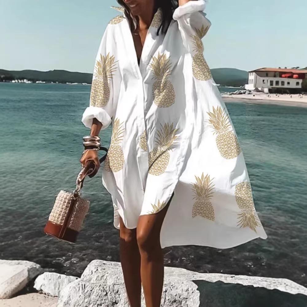 Trendy 3D Floral Print Lapel Long Sleeve Dress