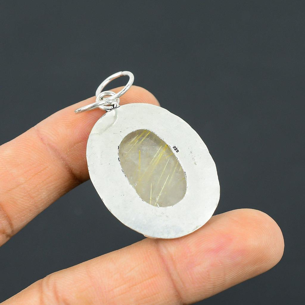 Anniversary Gift For Her Natural Golden Rutile Gemstone Pendant 925 Silver