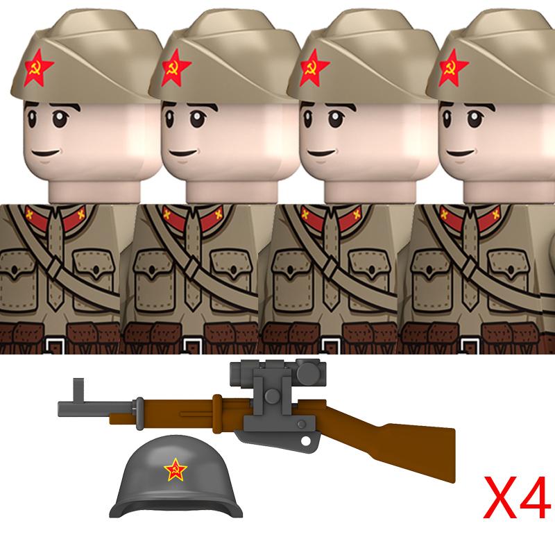 Non-Toxic Military Ww2 Soviet M35 Uniform Figures Building Blocks Russia Army Infantry Boat Hat Steel Helmet Pps Weapons Bricks Toys Kids