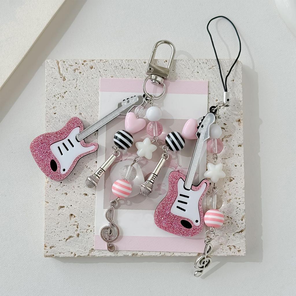 Stylish Violin Phone Charm Eye Catching Beaded Keyring Guitar Key Pendant Fashionable Alloy Key Chain for Bags Key