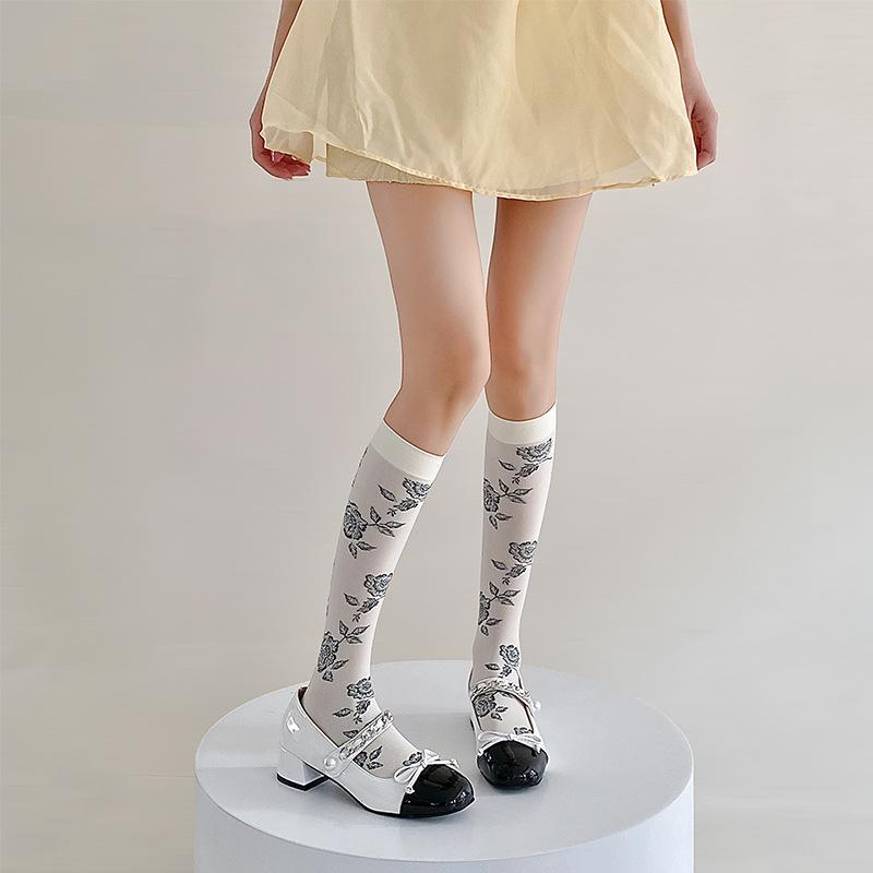 Ladies Spring and Summer Thin Style Retro Dark Rose Flower Calf Socks