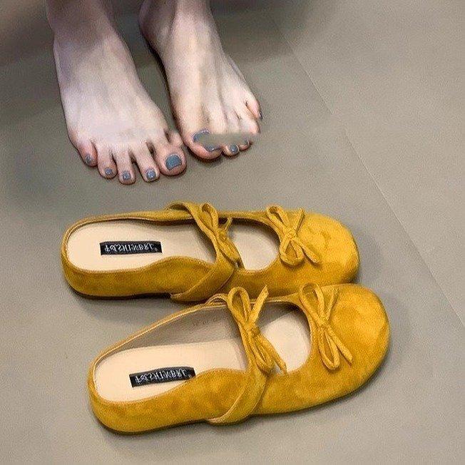 Soft leather version~ Double bow suede bag head drag, new retro thick-soled inner height-increasing Boken shoes in summer 2025