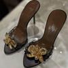 Sexy Gold High Heels Stiletto Slipper Women Fashion Metal Flowers Designer Sandal Female Mules Banquet Party Shoes Size 40