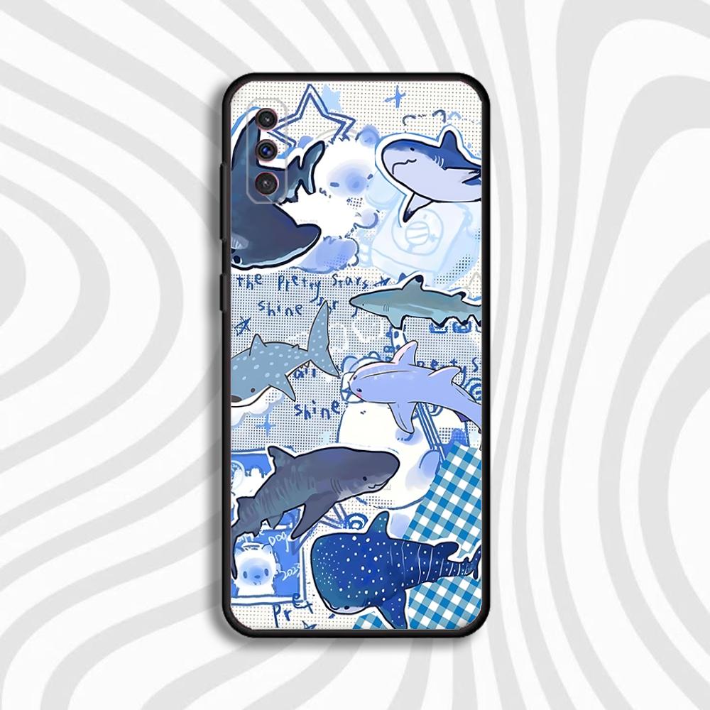 Cute Cartoon Blue Shark Phone Case For Samsung S 25,24,23,22,30,21,10,9,Ultra,Plus,Lite,FE,4,5 G Black Soft Case Samsung S24fe