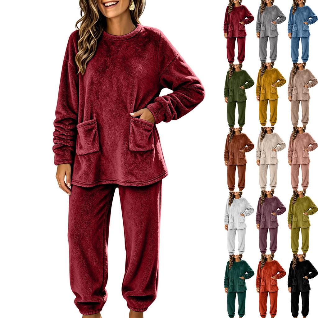 Women's Fashion Flannel Pajama Set Long Sleeve Top and Pants with Pockets Casual Warm 2 Piece Sleepwear