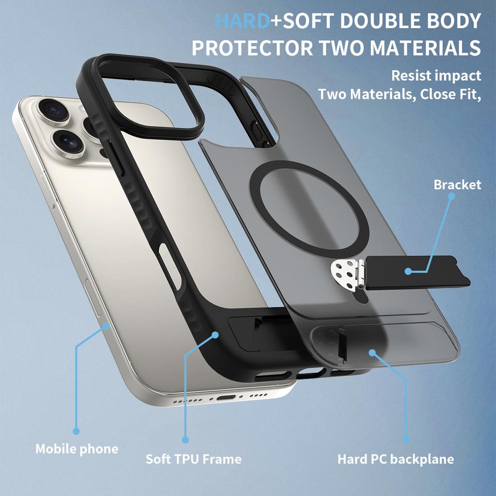 Matte Translucent Stand Phone Case for Magsafe Mag Safe Iphone 16E 16 E 15 Pro Max 14 Plus 13 12 14Pro 16Pro 15Pro Shockproof Phone Cover with Stand