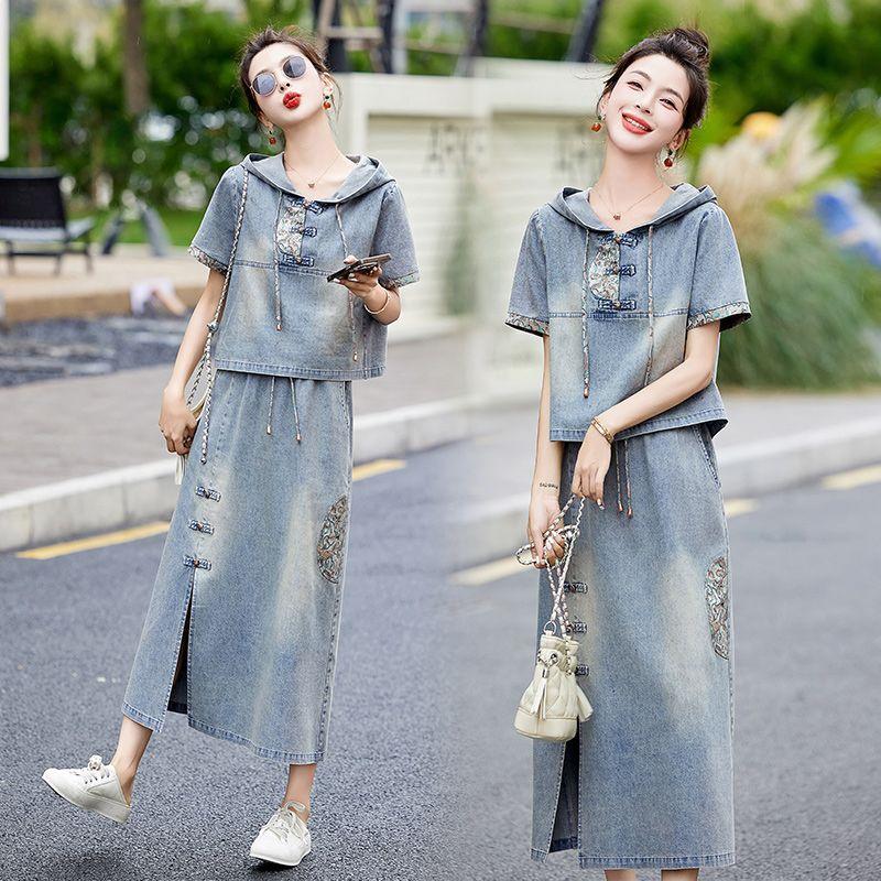 Conjunto de Saia Jeans com Capuz Bordada Chinesa Retrô para Mulheres - Verão 2026