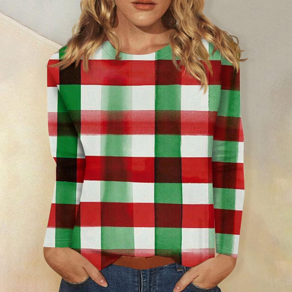 Women's Fashion Casual Christmas Print Round Neck Long Sleeve Decorative T-Shirt Top
