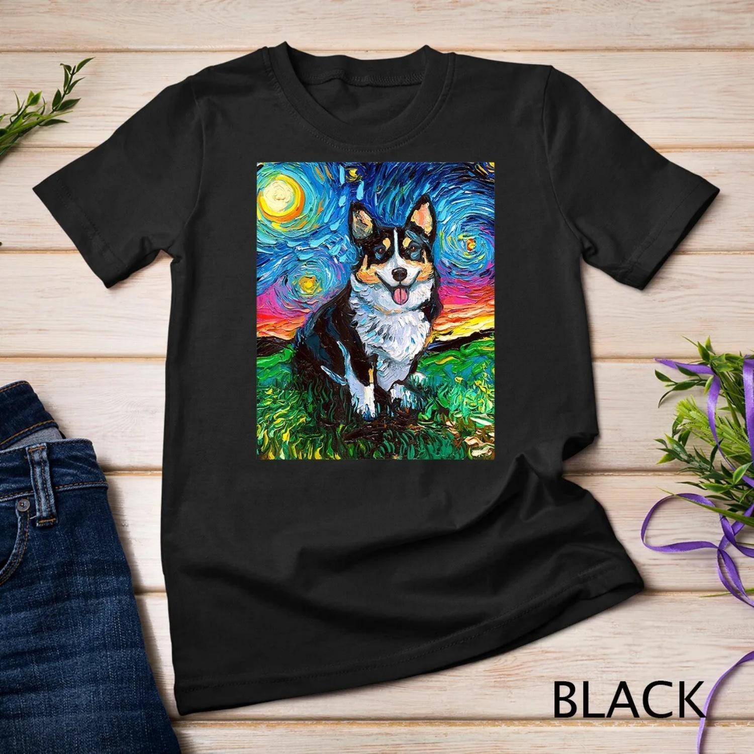 Tri Color Pembroke Welsh Corgi Starry Night Dog Art T shirt S чёрный