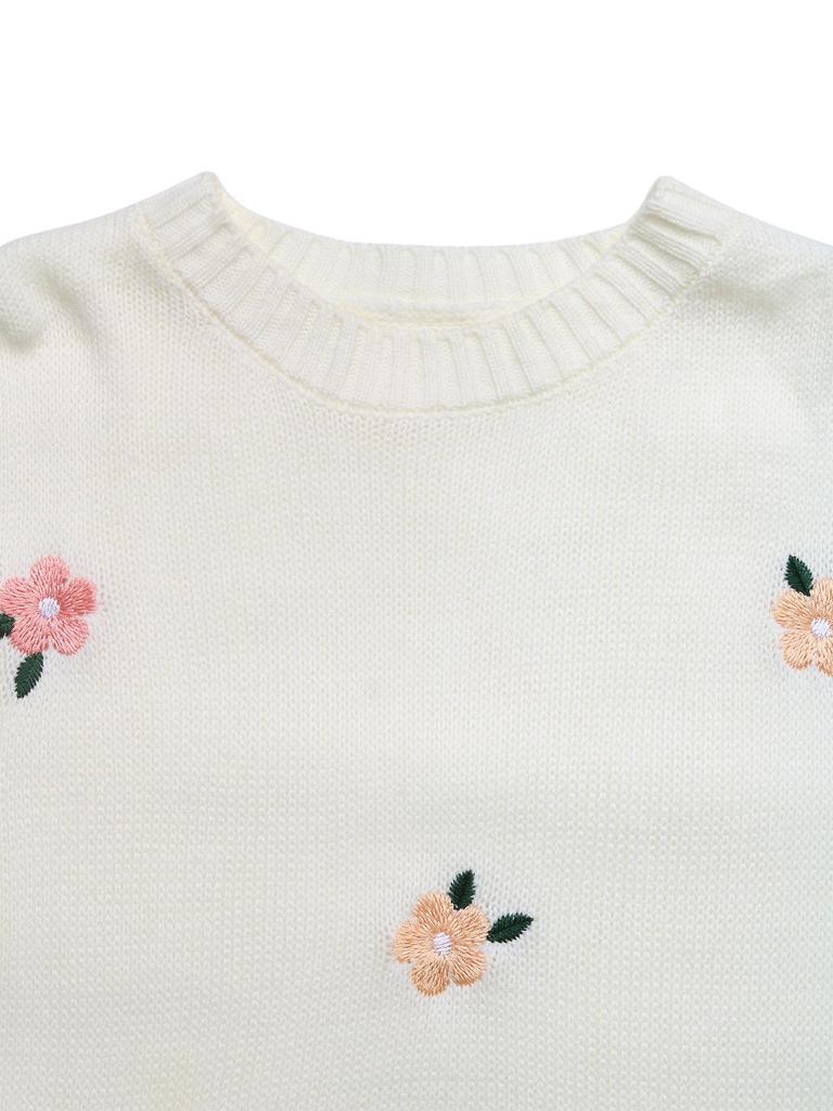 European 2026 Korean-Style Loose Round Neck Sweater with Ribbed Hem & Floral Embroidery for Women, Autumn/Winter Collection.