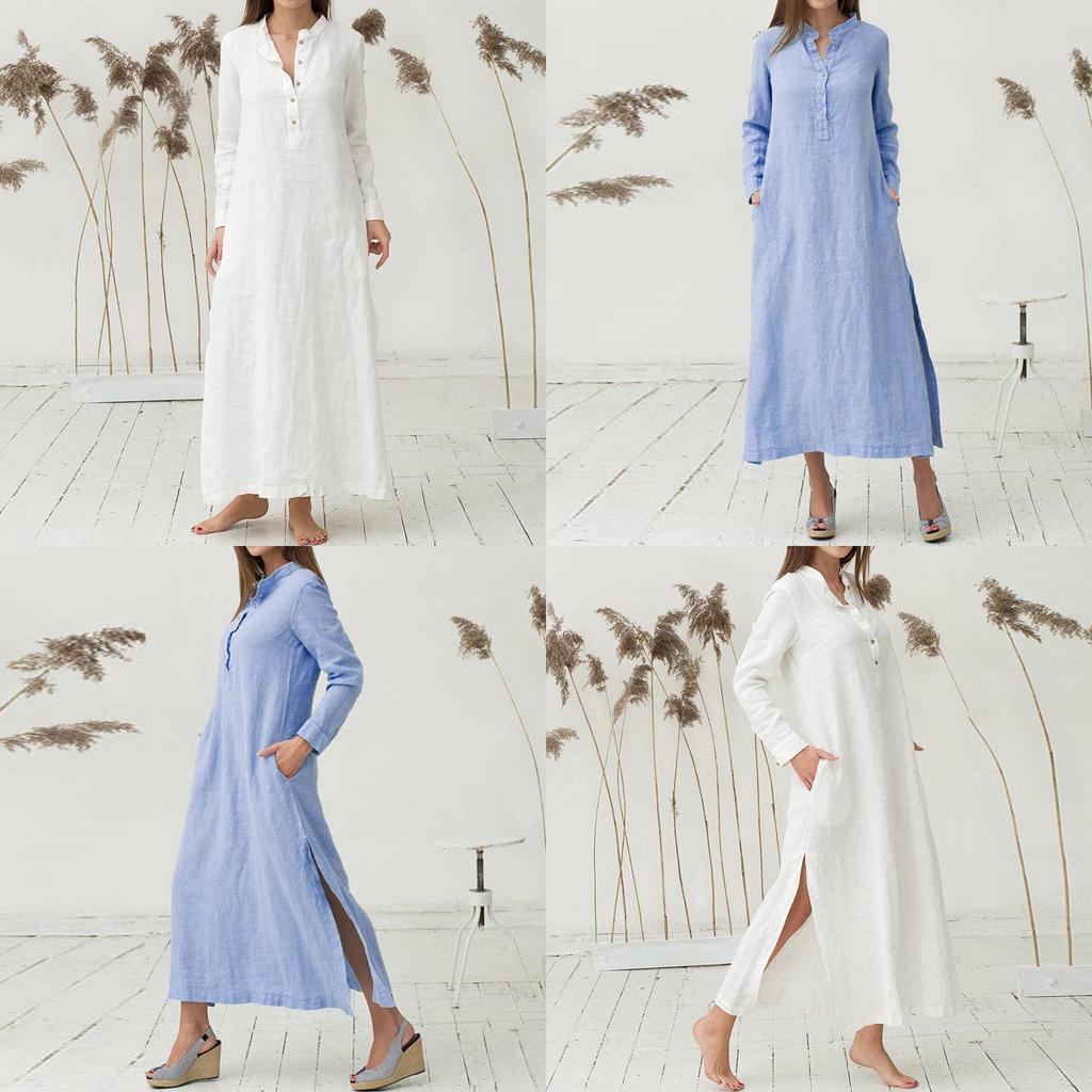 Luxurious Women's Kaftan Cotton Long Sleeve Plain Casual Oversized Maxi Shirt Dress
