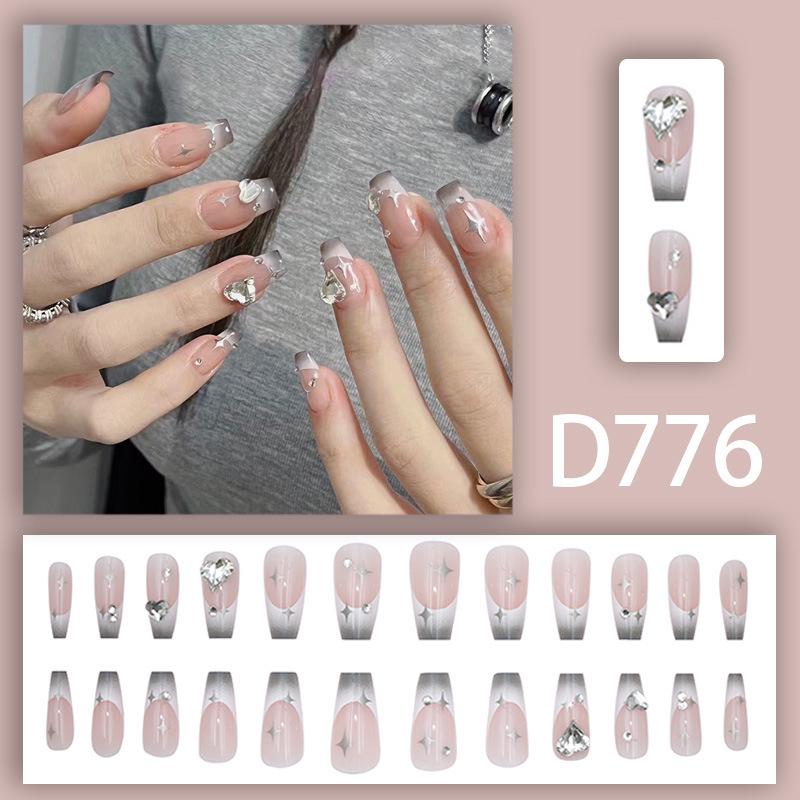 Ash Gradient French Bling Heart Rhinestone Nail Stickers, Long Star High-End Finish.