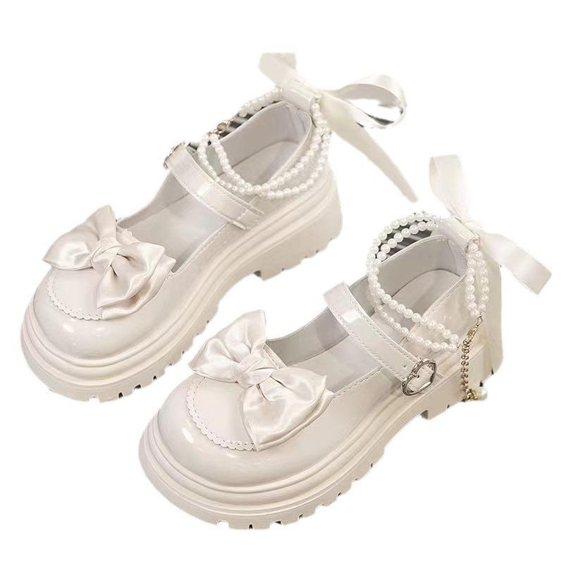 Lolita Shoes Heart Buckle Women Sweet Bow Pearl Chain Mary Janes Shoes Woman PU Leather Thick Bottom Party Pumps Mujer
