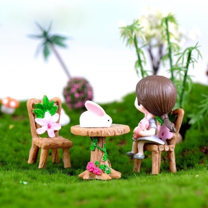 Fairy Garden Decorations Dollhouse Accessories 3Pcs/Set Floral Wooden Table Chairs Miniature Landscape Ornaments
