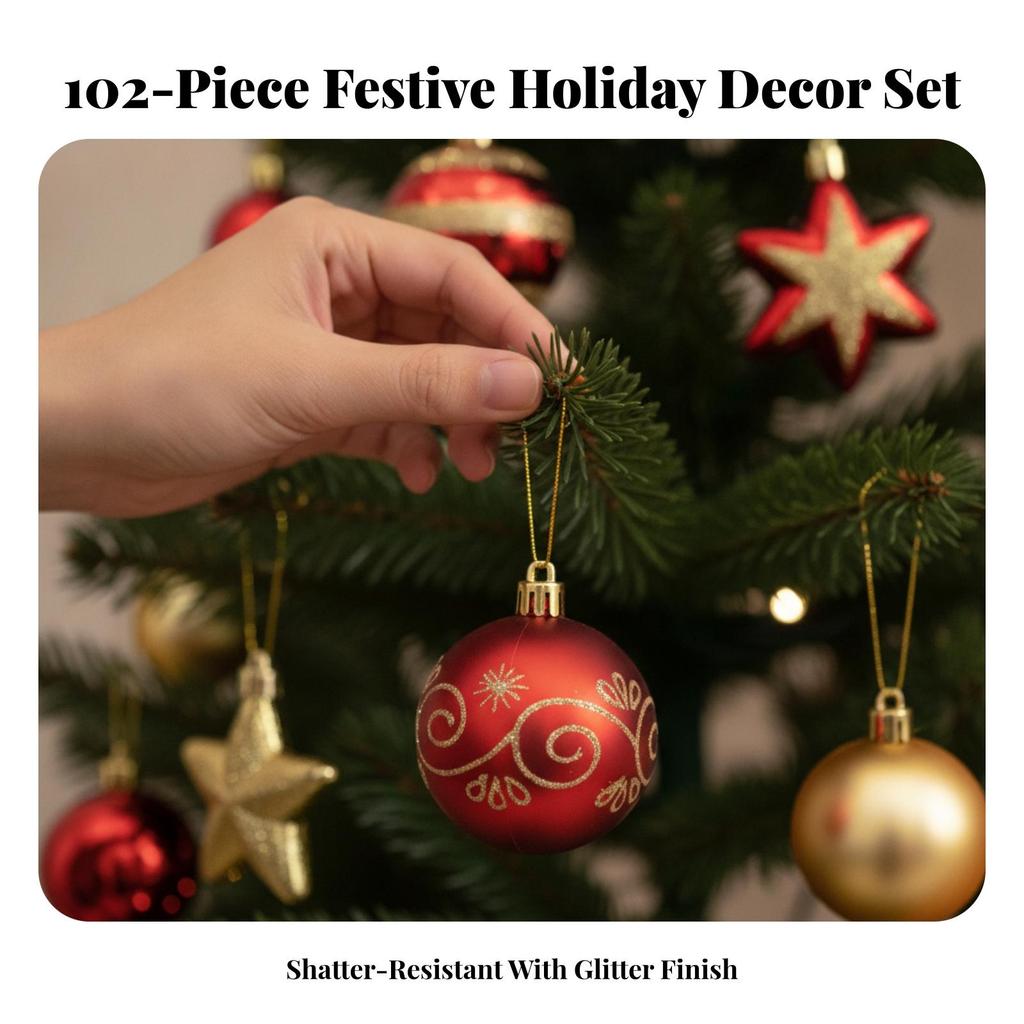 102 Pieces Holiday Decor Lightweight Christmas Tree Ornament Assortment Glittery