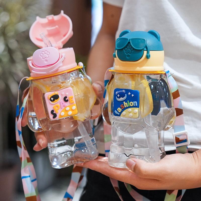 Water bottle new straw cup student children cartoon bear cup portable strap handle sticker plastic cup waterproof and drop resistant