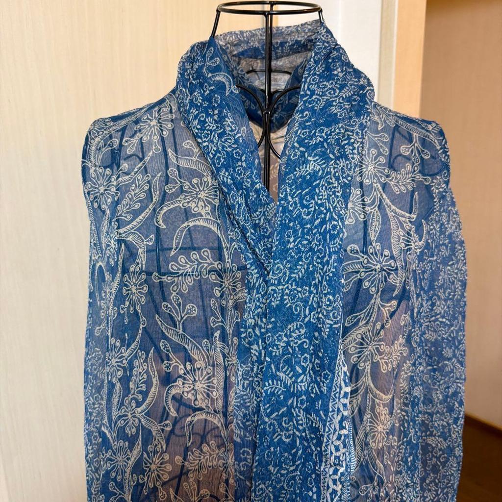 Used Blue floral and stripe pattern large stole with fringe