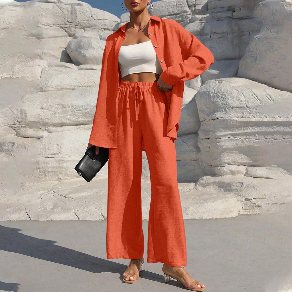 Women's Fashion Solid Color Long Sleeved Button Cardigan Top Elastic Waist Casual Pants Two-piece Set