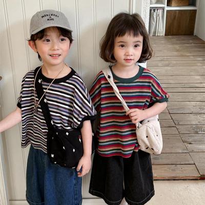 T-shirt a Righe Colorate Jiaye Estate 2025 per Bambini - Unisex Vestibilità Larga, Girocollo, Maniche Corte