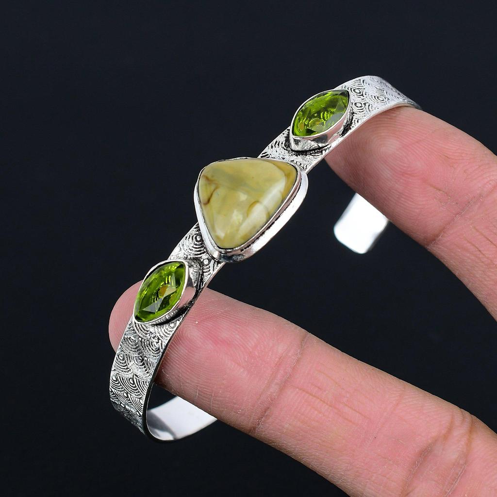 Friendship Day Deal 925 Silver Polychrome Jasper Gemstone Peridot Bangle Jewelry