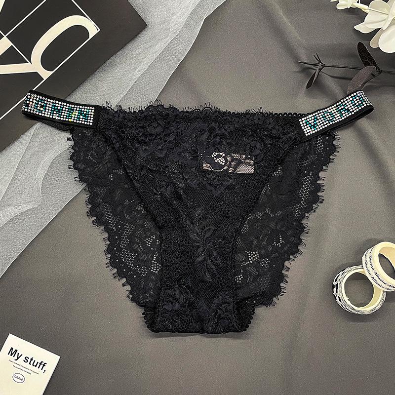 Hot Diamond Sexy Lace Underwear Women's Double Belt Thongs Diamond Decoration Hot Simple Breathable Hollow Lightweight Bikini Panties