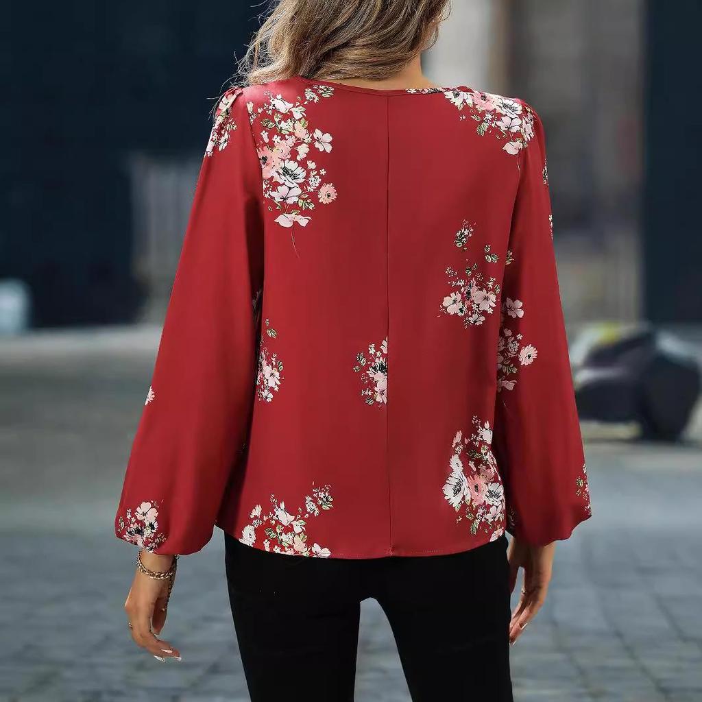 Elegant Lantern Sleeve Printed Women's Shirt for Spring and Autumn