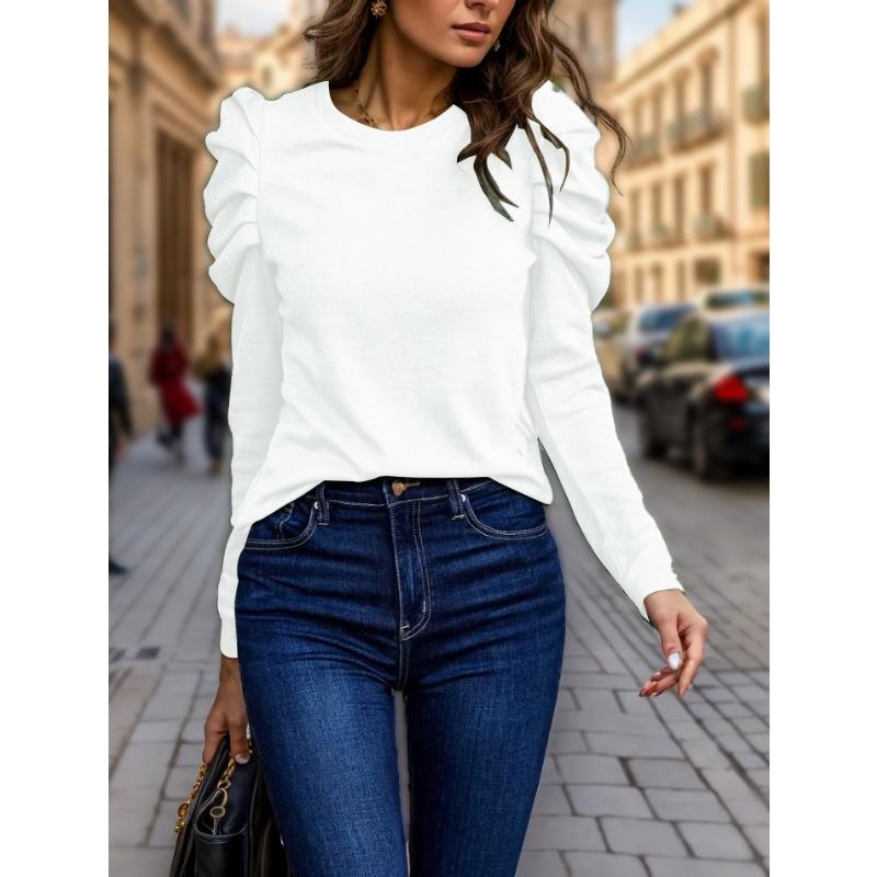 Women S Long Sleeve Puff Sleeve Crew Neck Solid Color Casual T Shirt