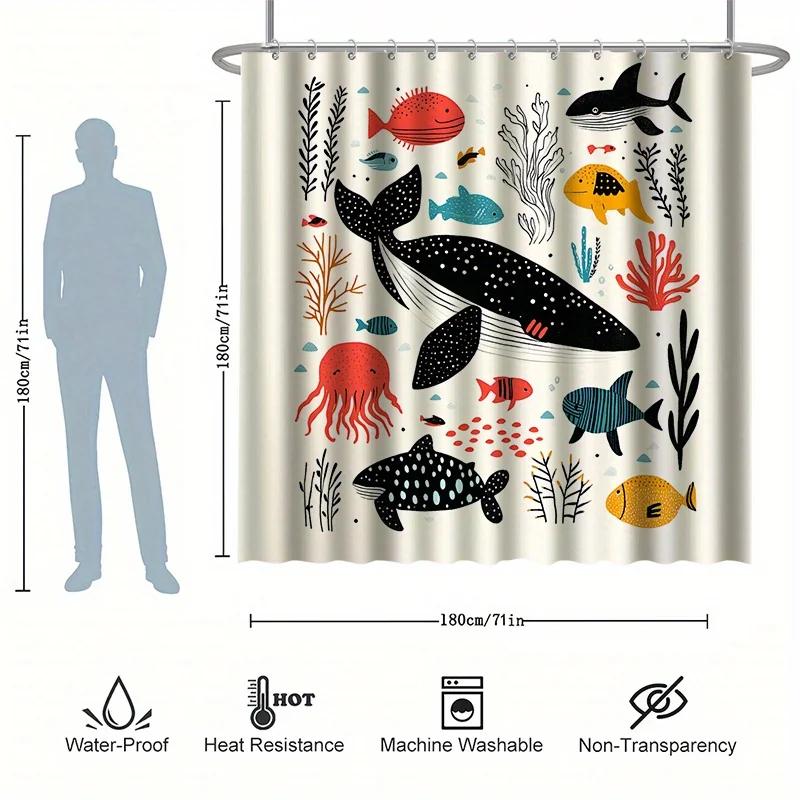 4 Stück, Cartoon Kleiner Fisch Duschvorhang Set, Verschiedene Kleine Fische, mit 12 Haken, Polyester Stoff, mit Badezimmer Anti-Rutsch