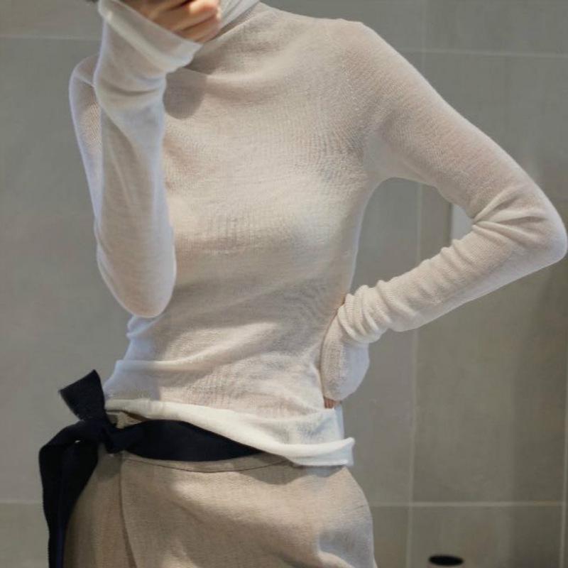 Spring Women's See-Through Wool Turtleneck Sweater - Lightweight, Close-Fitting Base Layer