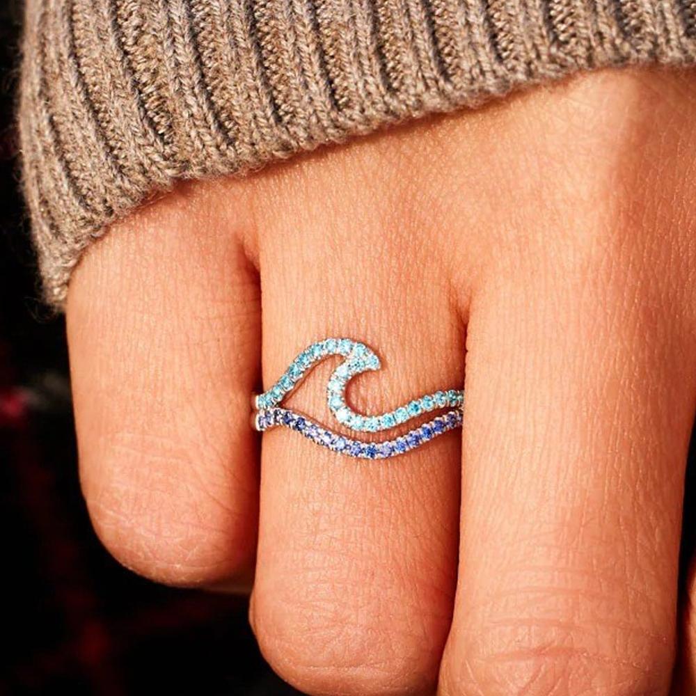 Zirkonia Blauer Doppelwellenring Einfaches Design Meereswelle Verstellbare Ringe Trendiger Ozean Wellen Schmuck Geschenk Großhandel