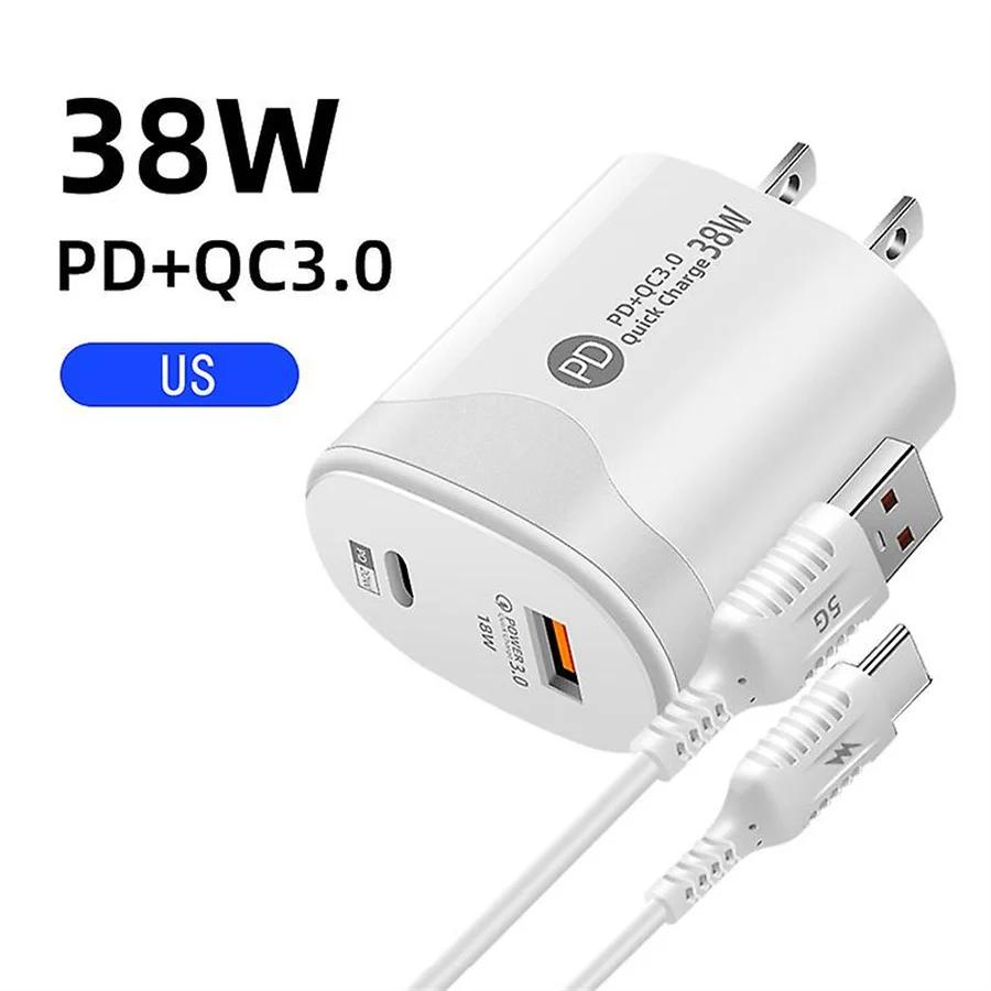 Tatal 38W Wall Charger Quick Charge PD20W Power3.0 Fast Charging Adapter with USB Type C Cable for for Xiaomi iPhone Samsung
