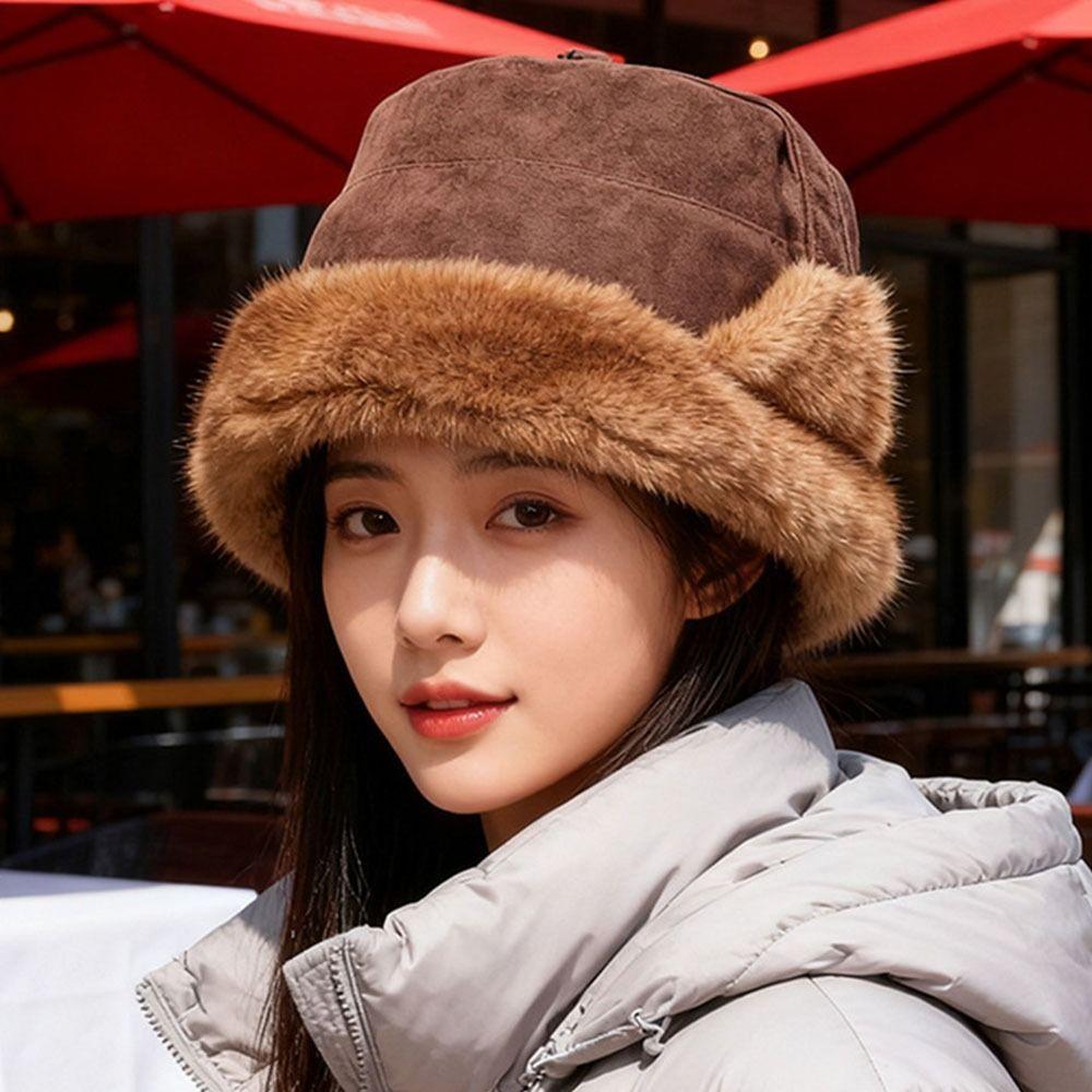 Fluffy Womens Bucket Hat Solid Color Ear Protection Caps Fashion Faux Mink Plush Hats  Winter