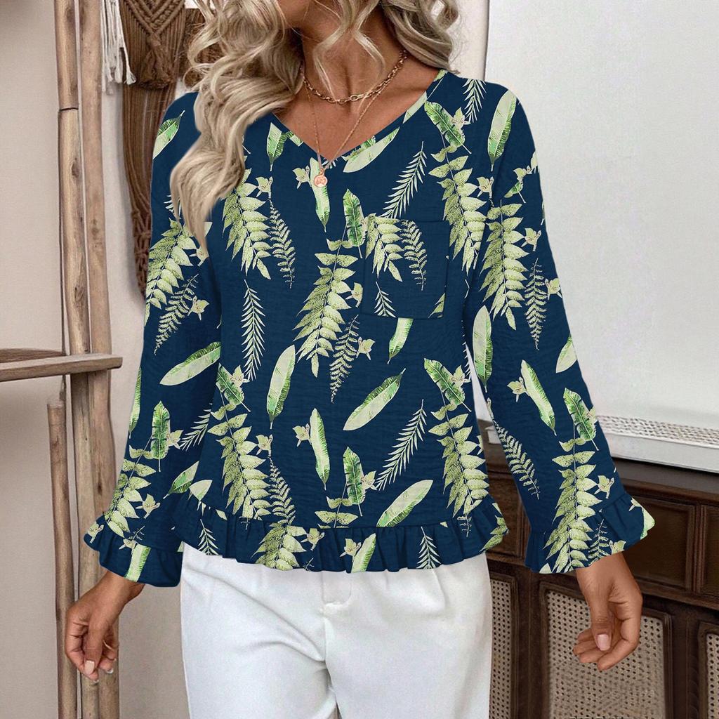 Dámský ležérní módní top s volánky, výstřihem do V, potiskem a dlouhým rukávem