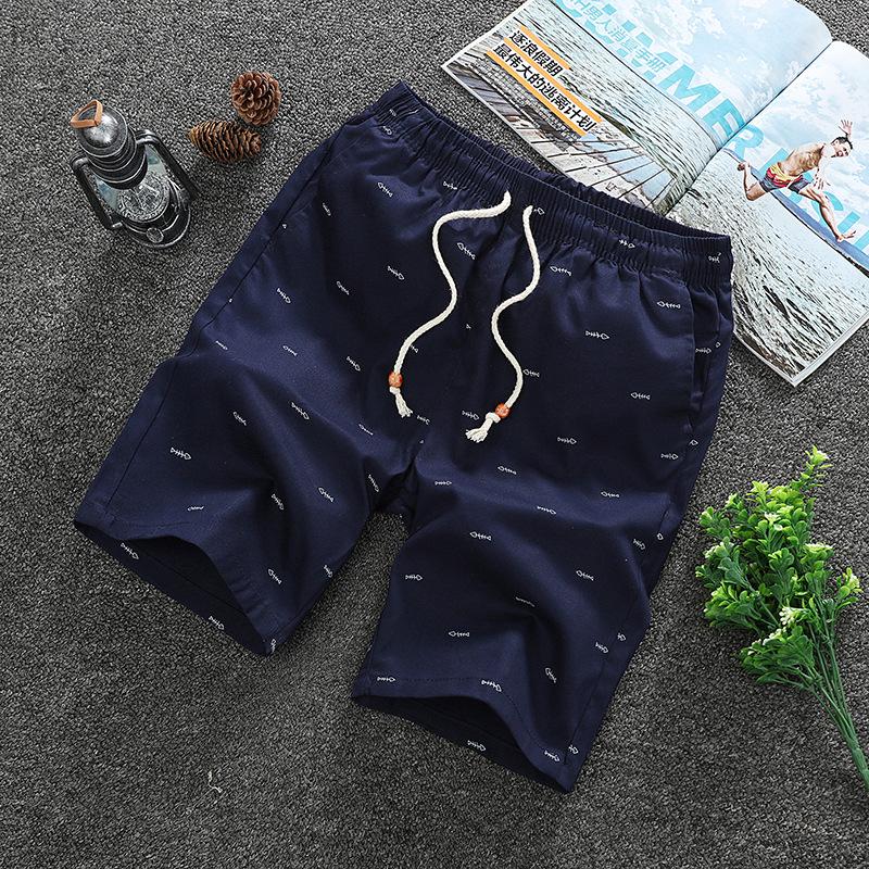 Summer Shorts Men Fitness Sport Elastic Waist Drawstring Shorts Men's Beach Pants Calf-length Design Fish Bone Printing Male