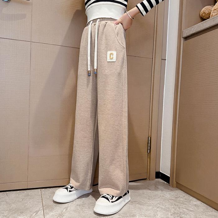 2025 Девочки Плюс Бархатные Толстые Осенне-Зимние Широкие Брюки для Повседневной Носки 160