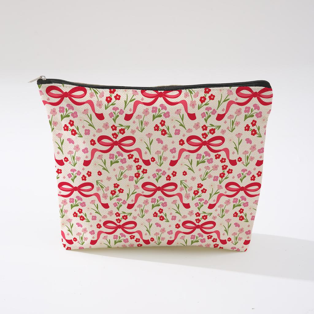 Pink Bowknot Zipper Storage Bag Travel Portable Wash Pouch Student Pencil Case Multi-Purpose Organizer for Women