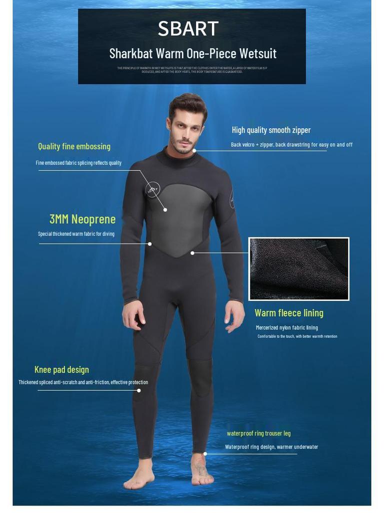 Men's Sharkbat 3MM Fleece-Lined Snorkeling Wetsuit: Warm, Cold-Proof, Windproof, Terry Cloth Adult Suit.