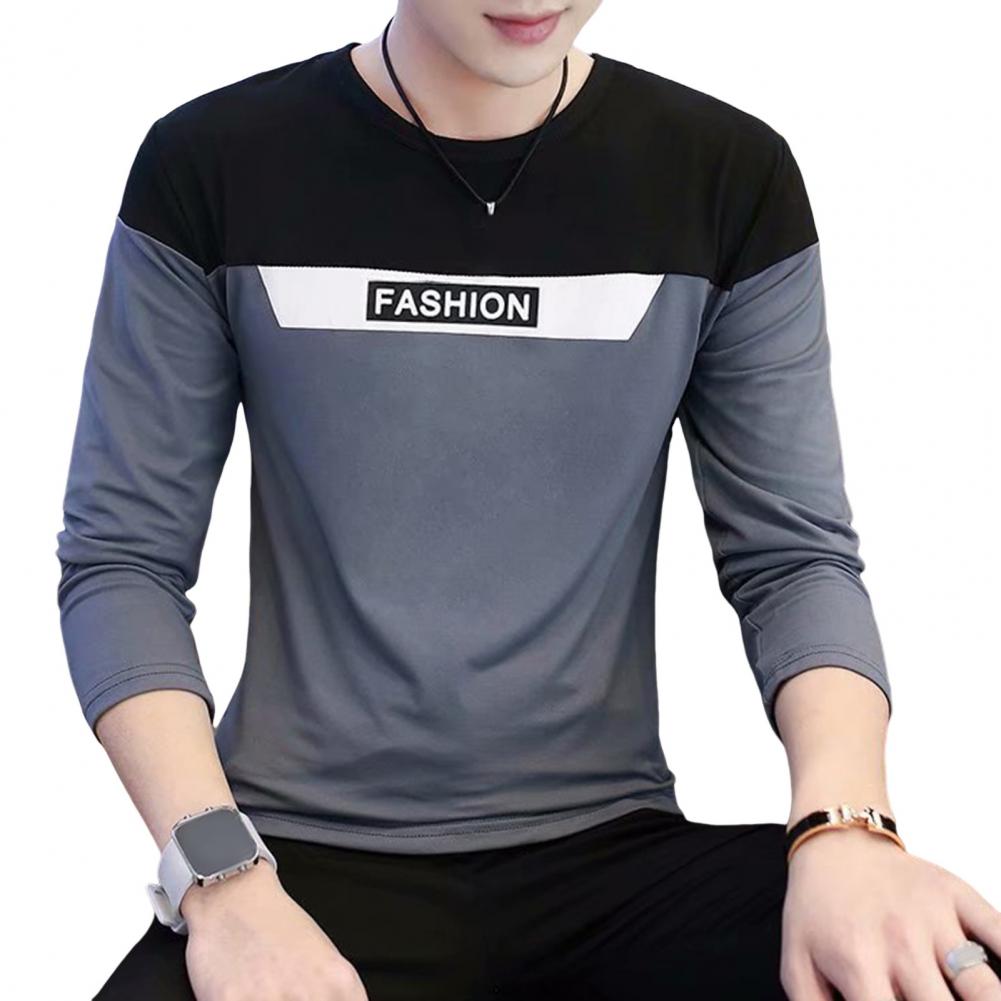 Fall Spring Men Top Patchwork Color Matching Letter Pattern Round Neck Long Sleeves Pullover Daily Wear Casual T-shirt