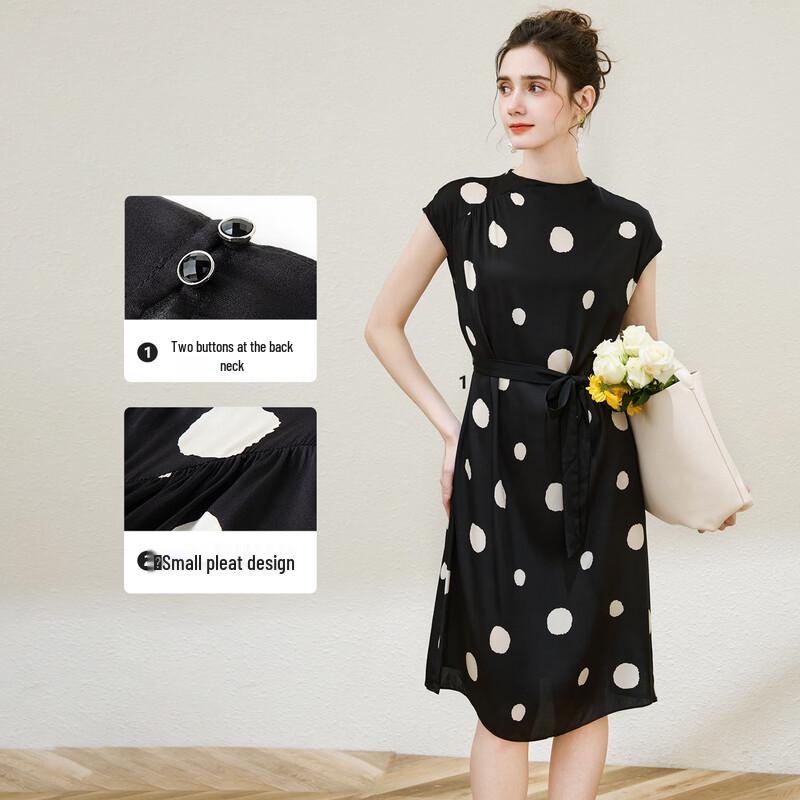 TUHUANG Hepburn Stil Maulbeerseide Gepunktetes A-Linien Midi-Kleid