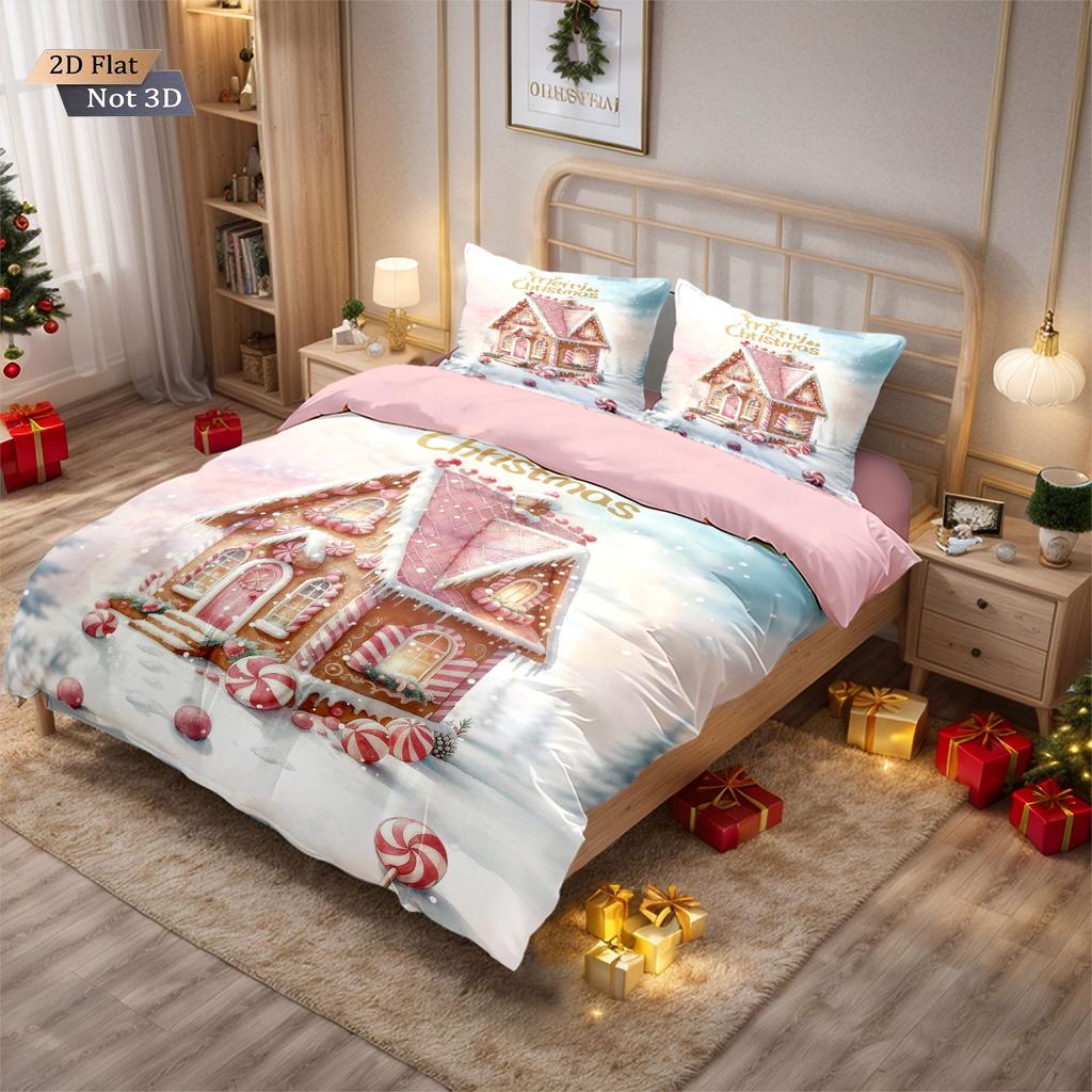 3Pcs Pink Romantic Christmas Cottage Merry Christmas Print Choreless Bedding Set Multi Size Bedroom Bedding Holiday Decoration