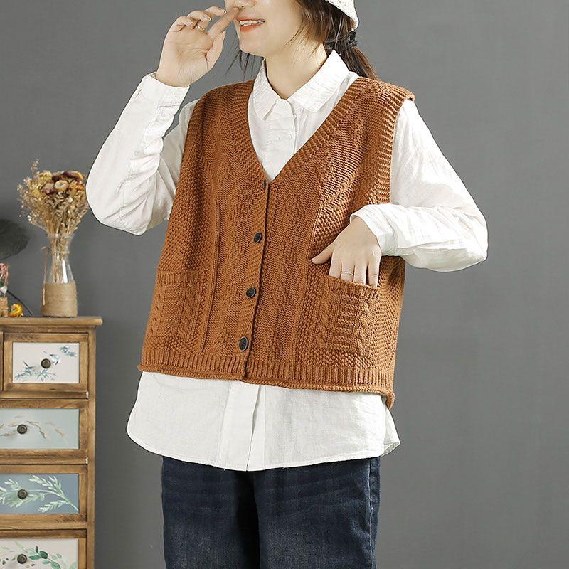 Vintage Retro Women Vest New V Neck Solid Color Versatile Single Breasted Knitwear Spring Autumn Fashion Outerwear