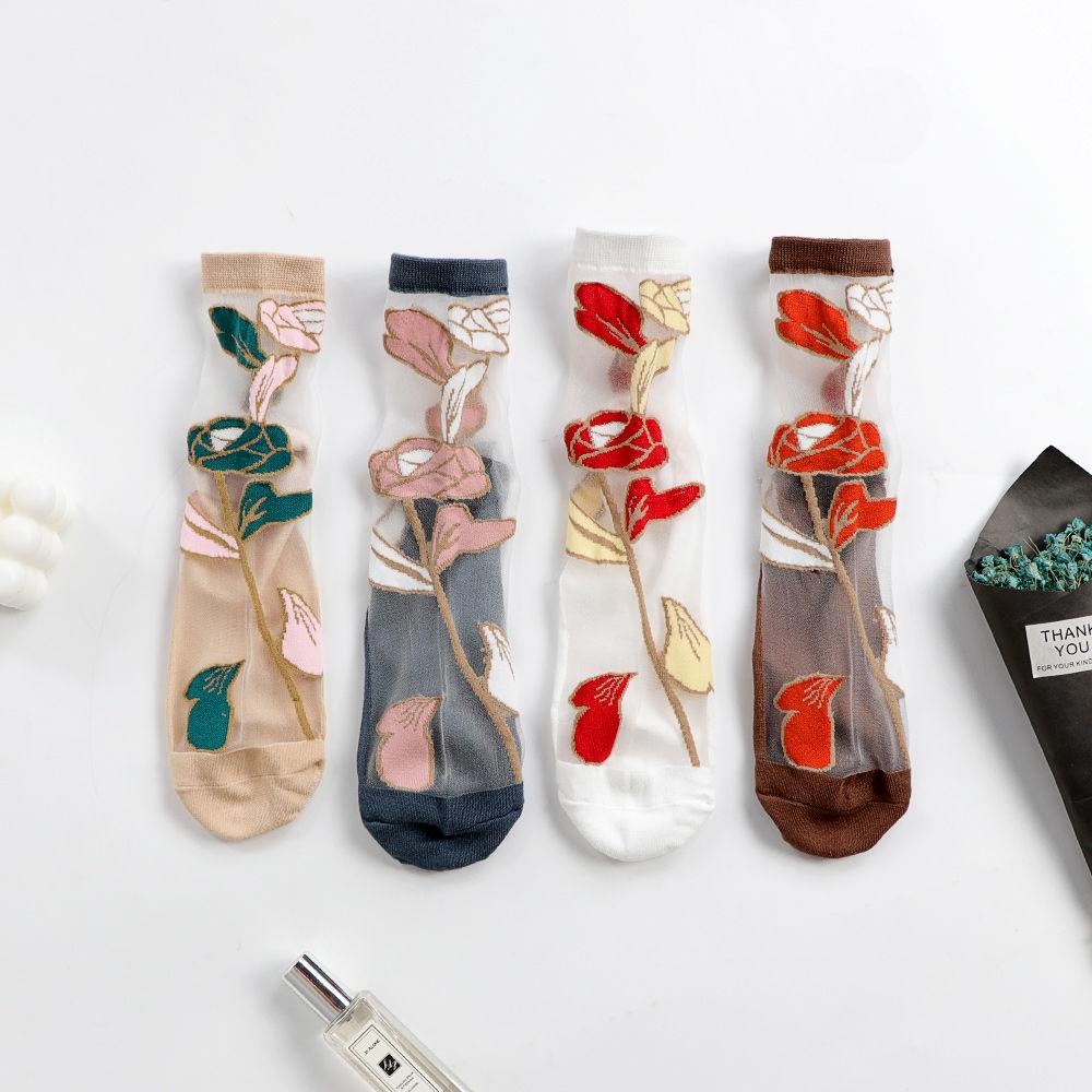 3 Pairs Women's Thin Summer Stockings Transparent Crystal Silk Long Tube Wear-resistant Cotton Sole Anti Slip Retro Ice Stockings