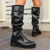 Large Size Pleated Middle Heel Knight Boots Women's Winter Round Head British Style Tall Boots 43