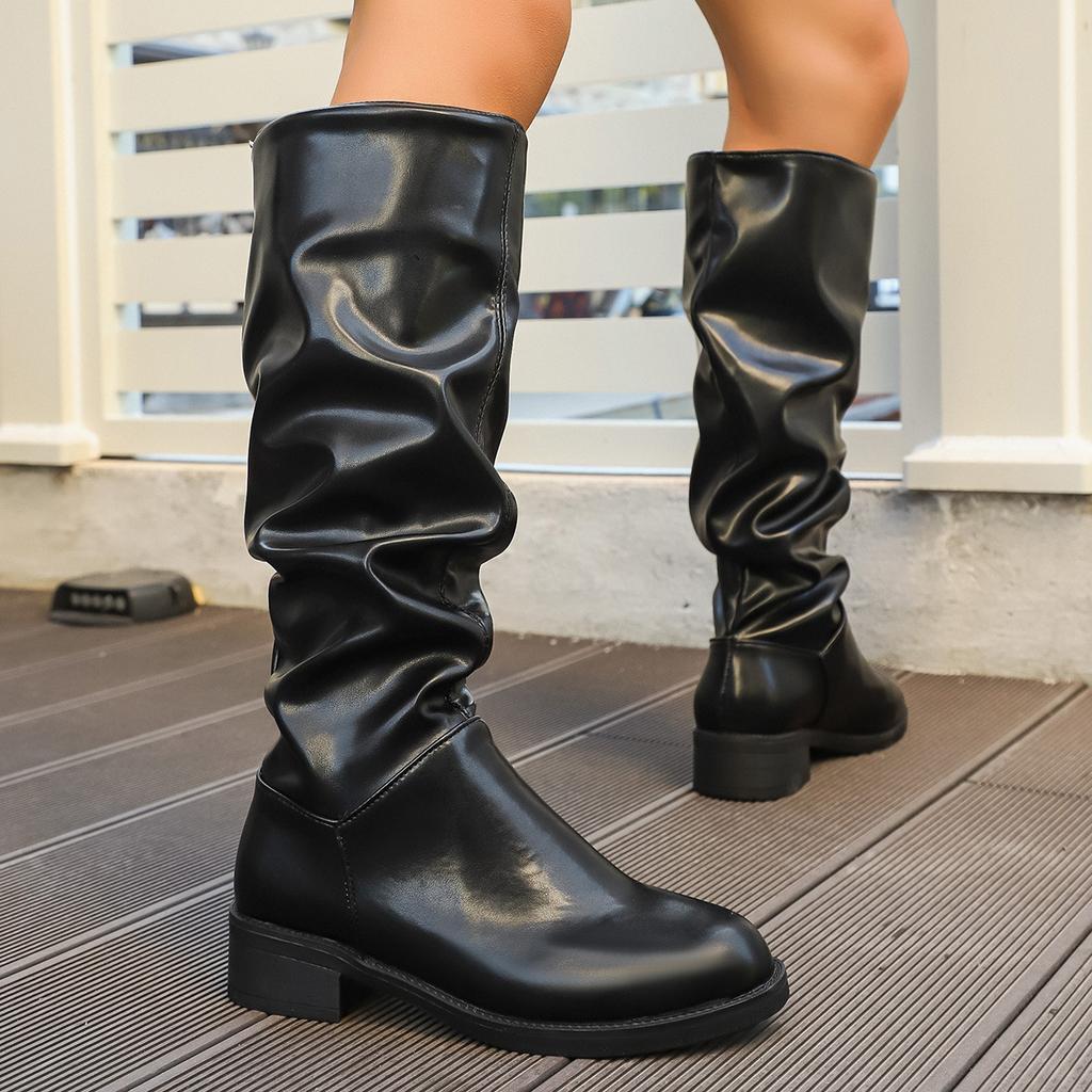 Large Size Pleated Middle Heel Knight Boots Women's Winter Round Head British Style Tall Boots 43