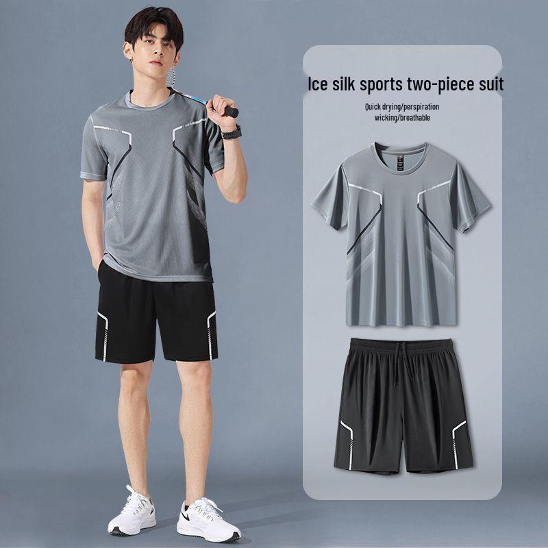 Men's Ice Silk Quick-Dry Fitness T-Shirt & Shorts Set - Short Sleeve Sportswear for Summer, Ideal for Basketball, Running, and Training.