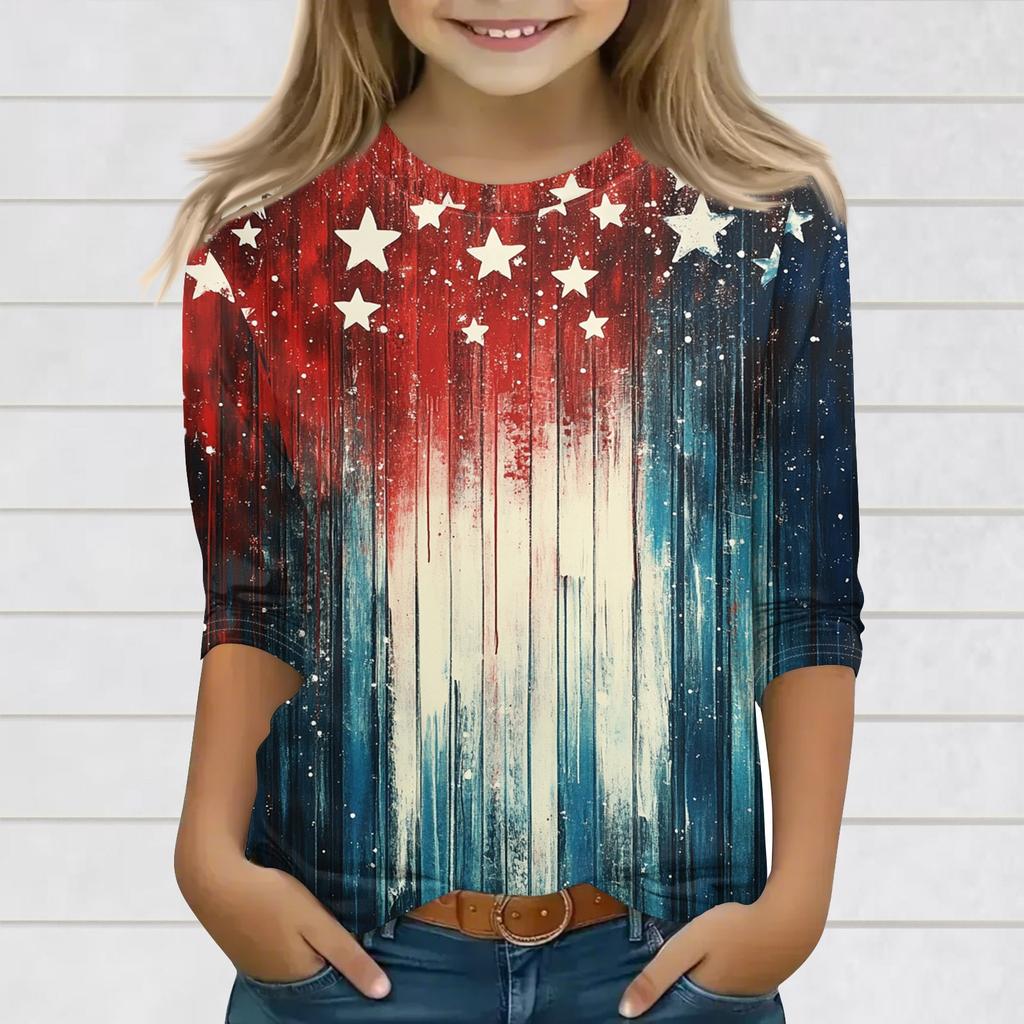 Druckoberteile für junge Mädchen 3-10 Jahre Rundhals 3/4-Ärmel T-Shirts Trendige Oberteile Outfit T-Shirts