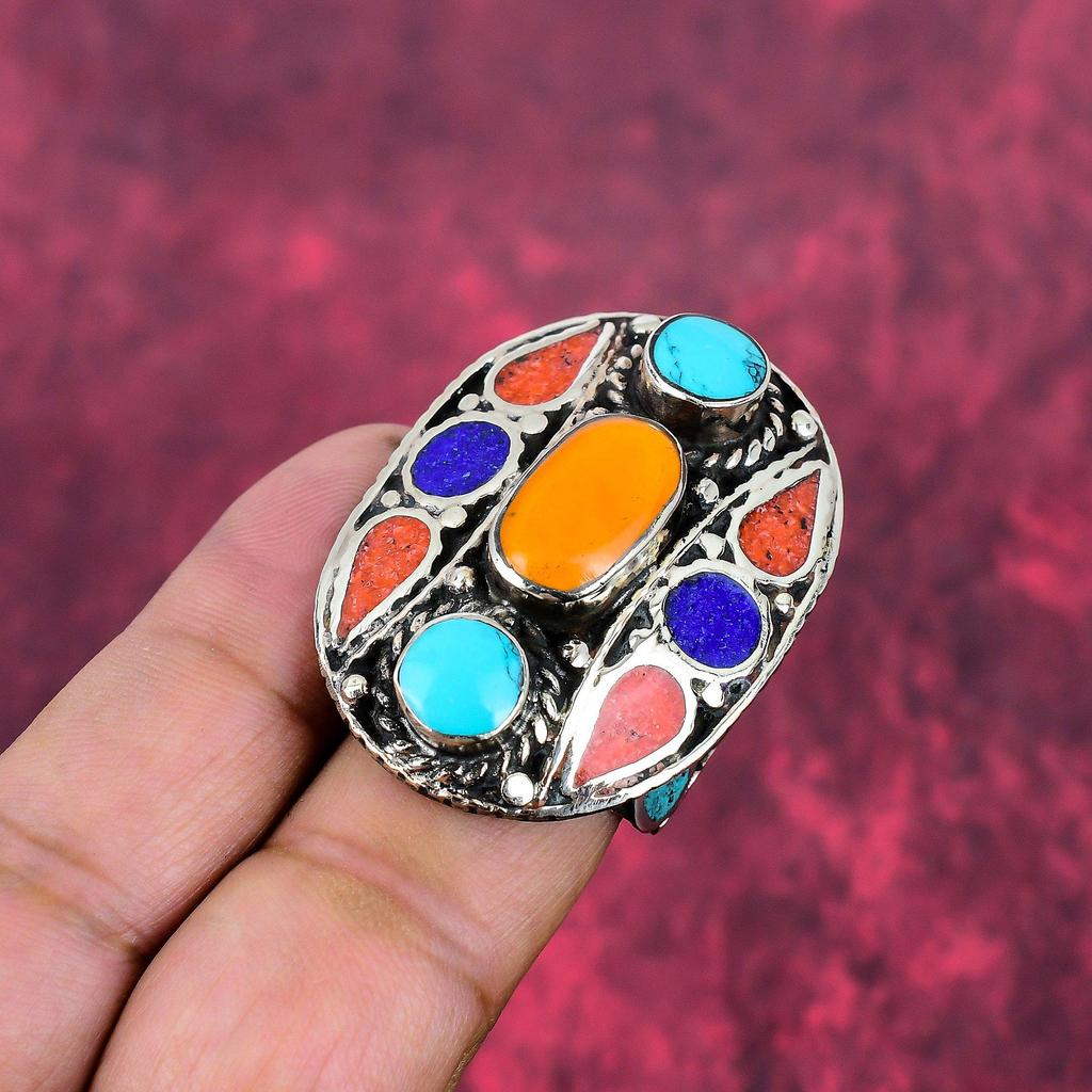 Turquoise, Coral & Lapis Lazuli Sterling Silver Nepal Beautiful Ring, Handmade Gemstone Ring Jewelry, Gifts For Sister Brand New Adjustable Ring